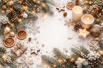 Obraz premium Festive winter decorations arranged on a white background with cozy atmosphere
