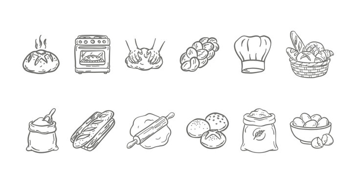 Artisan bakery bread icon set in minimalist line art style. Features fresh sourdough loaf, round buns, flaky croissant, baguette, and braided bread. Perfect for bakery branding and menu icons.