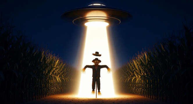 UFO hovering over a cornfield abducting a scarecrow with a beam of light. Flying saucer shines a tractor beam in a rural maize field at night. Sci-fi concept for mystery and paranormal themes.