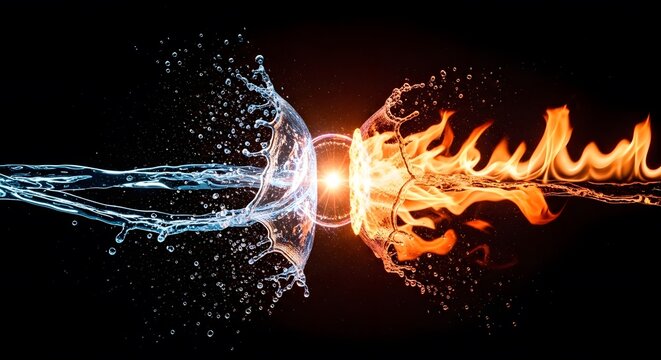 Abstract collision of fire and water elements. Opposing forces and energy concepts. Blue water splash and orange flames meeting in a powerful explosion against black background