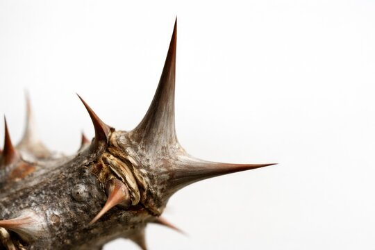 Close perspective photograph showing a distinct crown thorn on a neutral white setting