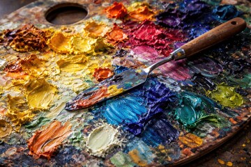 Obraz premium oil paint palette showing textured stains with multicolor spatula impressions