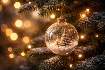 Obraz premium Christmas glass globe ornament on conifer branch glowing with gentle bokeh light backdrop