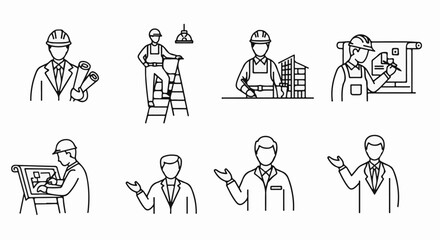 Fototapeta premium Stylized icons depict construction professionals at work and presenting plans