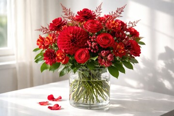 Obraz premium Bright red floral display in a clear container on a pristine white surface emphasizing natural charm