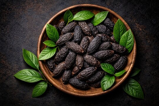 Birds eye view of tonka beans and fresh green leaves on wooden dish against dark backdrop with copy space