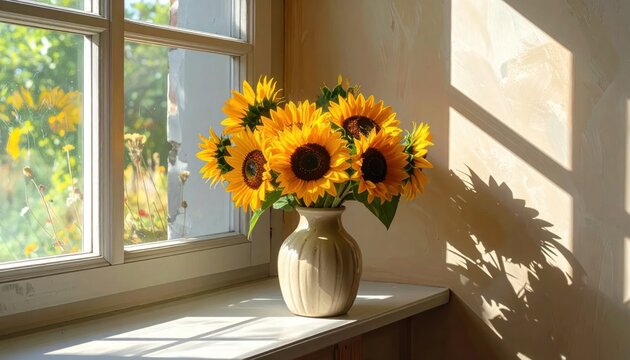 Bouquet of bright sunflowers in a vase on a windowsill bathed in natural sunlight and shadows