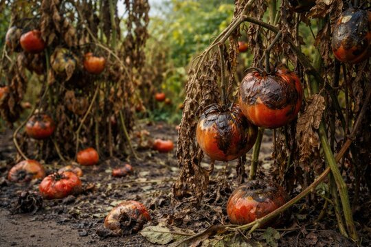 Crop loss caused by phytophthora affecting tomato plants in home garden