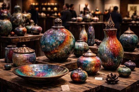Exhibition of handcrafted raku ceramics demonstrating original molding approaches with lively glaze colors on diverse forms