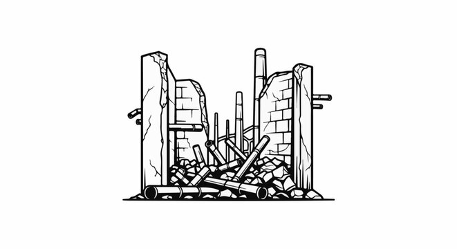 Cracked stone ruins with fallen pipes and debris pile