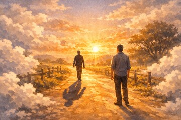 Fototapeta premium Walking Together on a Golden Evening Path 