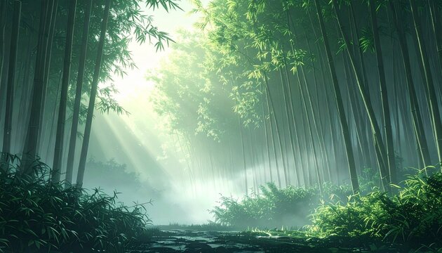 misty bamboo forest pathway with golden sunlight rays in zen garden