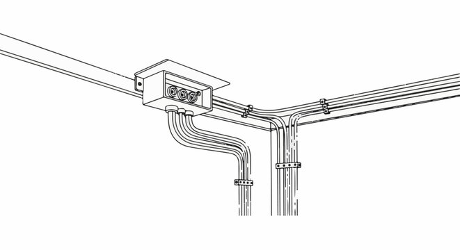 Detailed technical drawing of an electrical conduit junction box with multiple cables