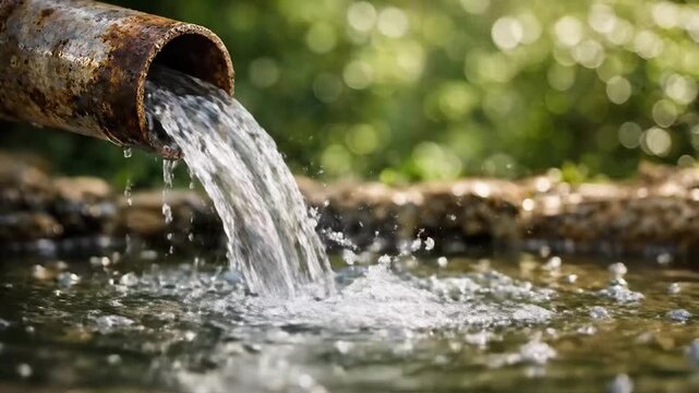 Clear water pouring from pipe outdoors highlighting purity flow and environmental freshness.