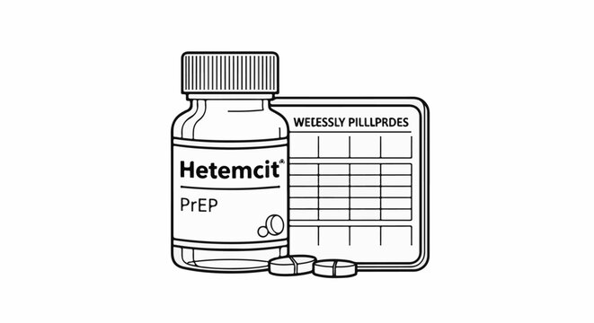 Bottle of PrEP with pill organizer and loose pills