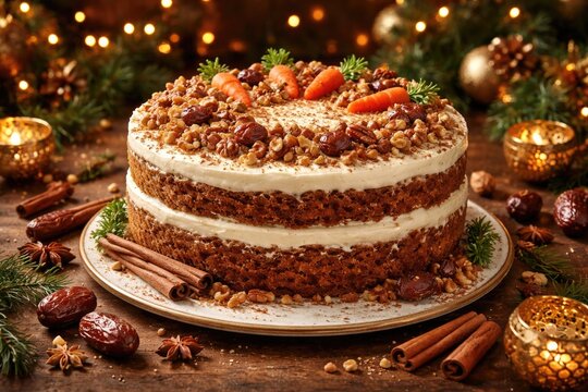 Celebration cake featuring carrot dates nuts and cinnamon spice ideal for festive occasions with copy space