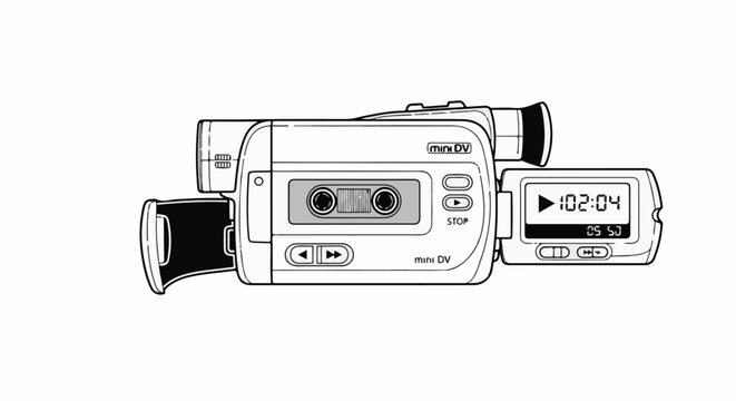Line art illustration of a compact portable video camera with a cassette and screen