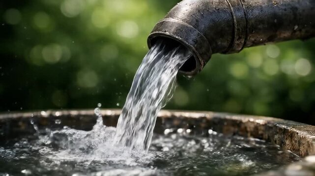 Flowing water from pipe into basin showing clean refreshing natural stream motion