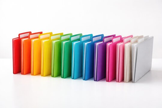 A clean white surface featuring orderly colorful file folders