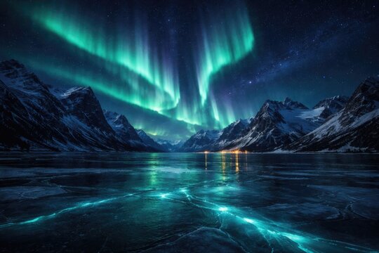 Nighttime mountain panorama with glowing aurora and frozen sea