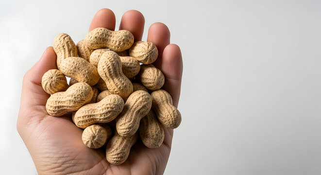 A hand holding a handful of peanuts in their shells