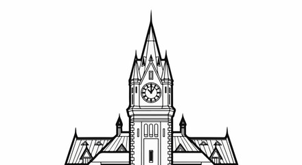 Fototapeta premium Detailed line drawing of a grand building's central clock tower with spires