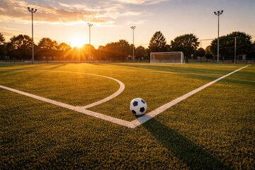 Fototapeta premium Golden hour over synthetic turf soccer ground focusing on modern outdoor sports surface