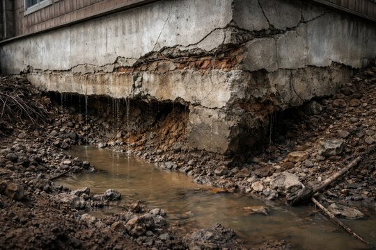 Degrading cement foundation showing wet damage and unstable ground stressing building flaws and review complications