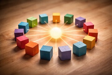 Fototapeta premium Creative concept showing unity and centralization via a ring of assorted colorful wooden blocks