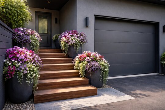 Grey modern garage entrance with brown wooden stairs and vibrant cascading flowers in large pots
