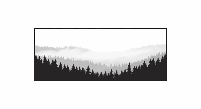 Silhouette of a dense forest with layered, misty hills receding into the background