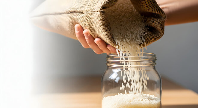 Pouring sand or grains from a burlap sack into a clear glass jar on a table