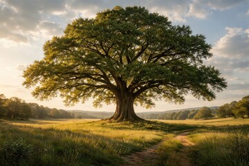 Fototapeta premium A splendid oak tree standing tall amidst an expansive open landscape