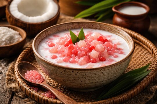 Delicious Indonesian dessert Bubur Pacar Cina with coconut milk and sago pearls in rustic setting