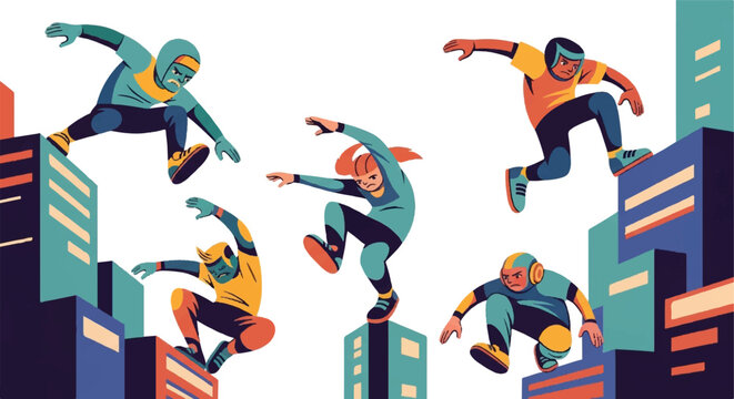 Urban parkour athletes leaping across cityscape rooftops illustration