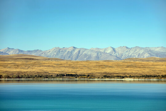 View of serene turquoise waters reflecting the vibrant golden-brown grasses leading to rugged grey mountains under a brilliant azure sky, Ben Ohau, Canterbury Region, New Zealand.