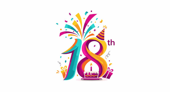 Colorful illustration celebrating a milestone 18th birthday with gifts, cake, and confetti