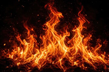 Fototapeta premium Detailed view of lively red and orange fire flames on a dark background