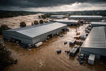 Obraz premium Industrial warehouses at risk from extensive flooding by swollen river