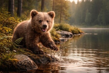 Obraz premium Energetic bear cub interacting with natural elements beside a calm forest lake