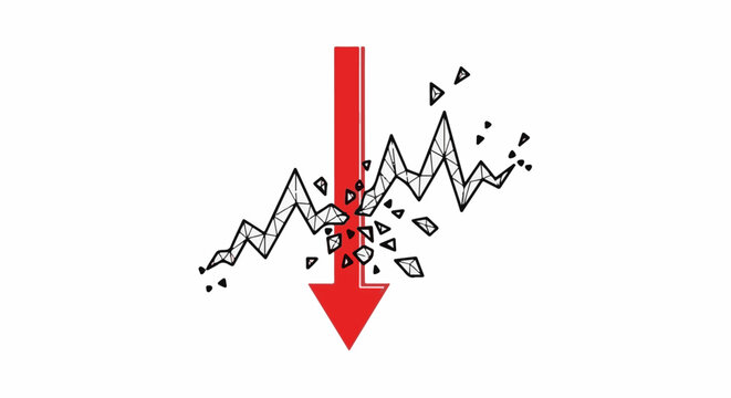 Downward trend depicted by a red arrow breaking a polygonal graph