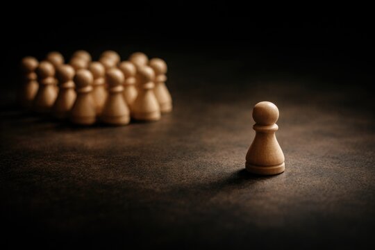 Illustration of exclusion concept with a single pawn standing apart from a tight cluster of pawns on a dark selective focus setting