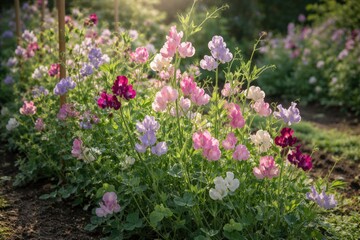 Obraz premium Fresh sweet pea blossoms thriving in a well-tended garden plot