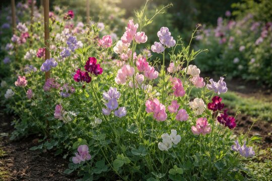 Fresh sweet pea blossoms thriving in a well-tended garden plot