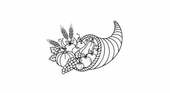 Outline of abundance horn of plenty overflowing with harvest fruits and grains