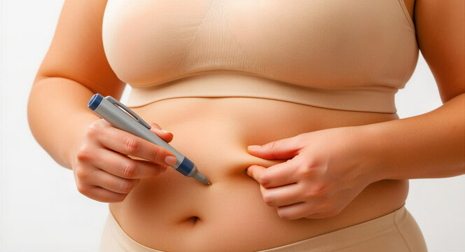 Woman injecting medication into her abdomen with a pen injector. Patient performing self-care for diabetes or weight loss treatment. Medical therapy concept for pharma ads and healthcare blogs.