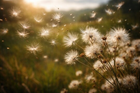 Feathery pappus plants spreading seeds through wind dispersion