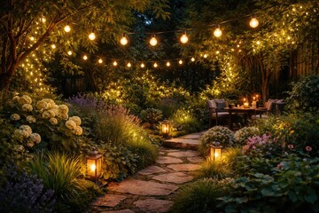 Obraz premium Home garden glowing at night with decorative globe lights and flourishing greenery