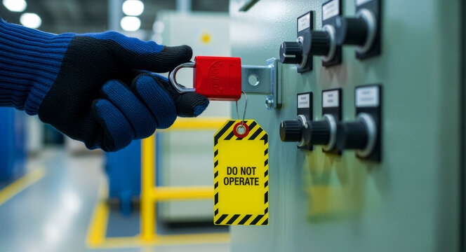 Hand in protective glove applying red padlock to industrial control box. Yellow lockout tagout sign attached for safety. Industrial compliance concept, ideal for workplace safety training.