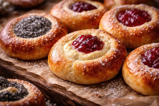 Freshly baked kolache showcasing cream cheese combined with poppy seeds and a layer of jam